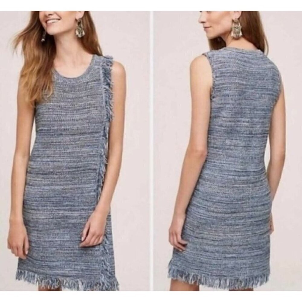 Anthropologie Holding Horses Dress Womens Small Blue Sweater Knit Fringe Sheath